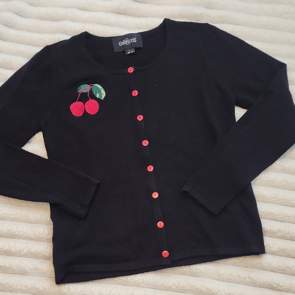 Collectif Black Cardigan with Cherry Detail NWOT